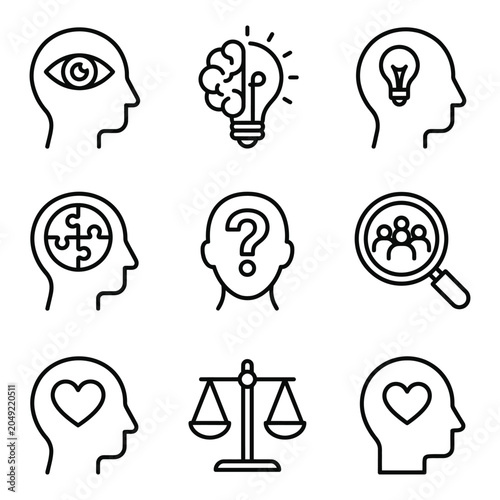 Set of line icons representing human psychology and cognitive concepts with psychology, thinking