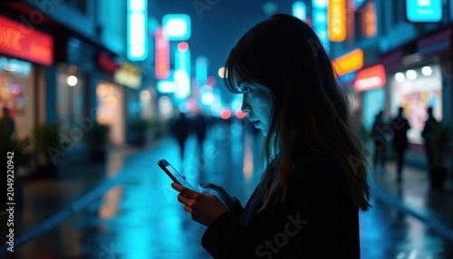 Woman uses phone at night on city street. Neon lights glow reflecting on wet pavement. Blurred people walk past. Anonymous female engrossed in mobile device screen.