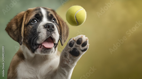 An adorable dog puts its paw forward to catch a yellow ball, its mouth is open and its tongue is showing.