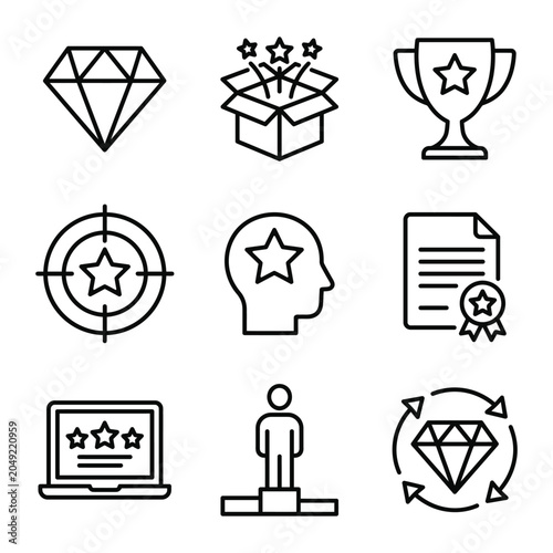 Business achievement and award recognition line icon set with achievement business recognition