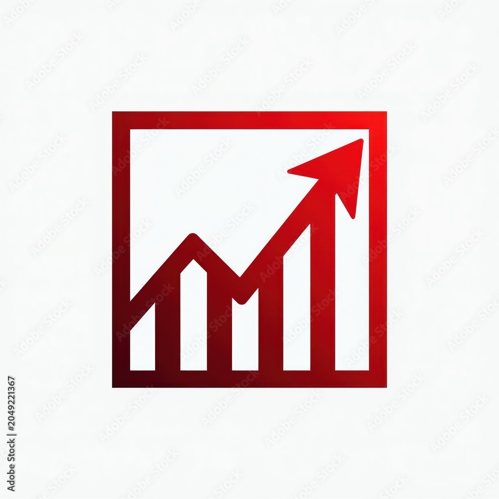 Obraz premium Red chart arrow points upward inside square frame. Represents financial growth and business success. Trend increase concept symbol. Minimalist graphic design.