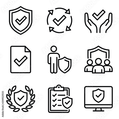 Data security and compliance linear icons set with security protection compliance verification