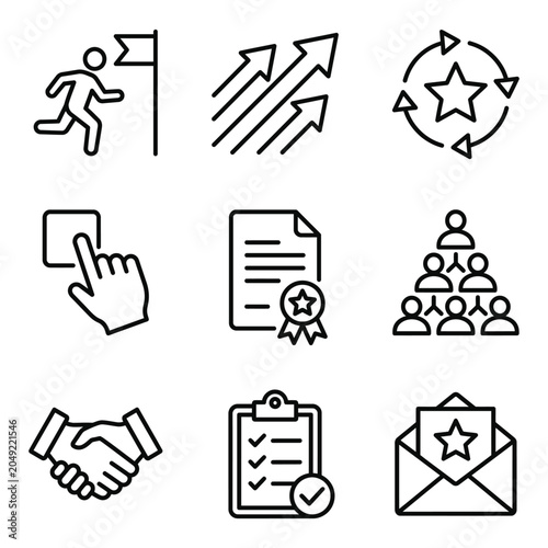 Leadership and project development linear icons with leadership document certificate hierarchy