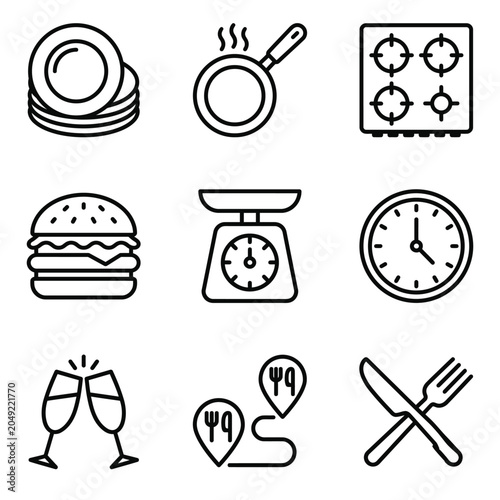 Cooking and dining line icons set featuring kitchen utensils food and restaurant symbols, restaurant