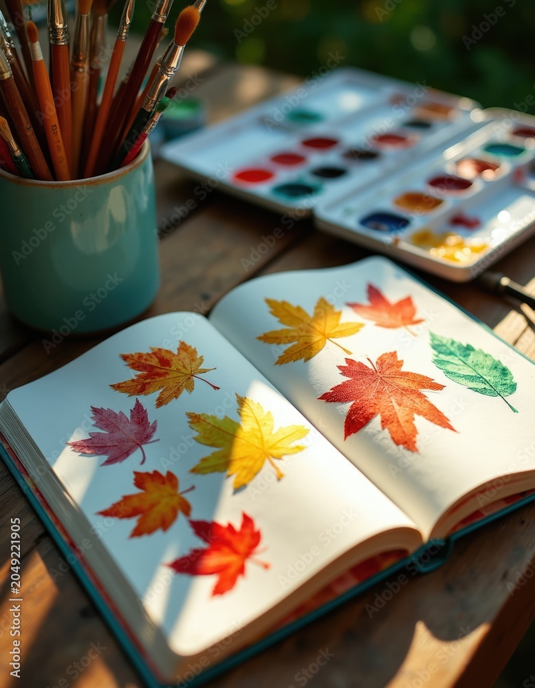 Obraz premium Open journal with painted autumn leaves sits on wood table. Brushes and paint palette nearby. Sunlight streams onto art supplies. Creative hobby setup.