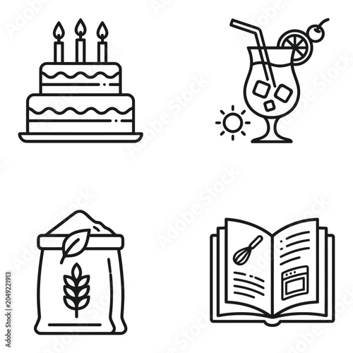 Baking and beverage preparation icons set featuring birthday cake and cocktail drinks, beverage