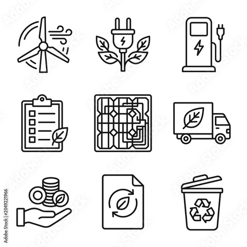 Sustainability and renewable energy icons set featuring wind turbine and solar panels, eco friendly