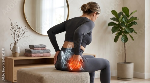 Woman suffering from sciatica hip pain with visible x-ray skeleton