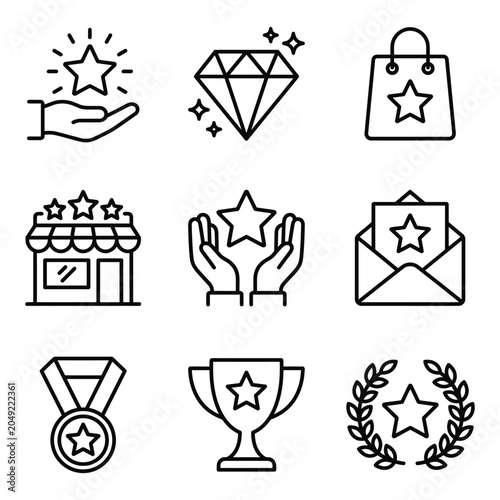 Customer loyalty and achievement linear icon set with achievement business excellence shopping