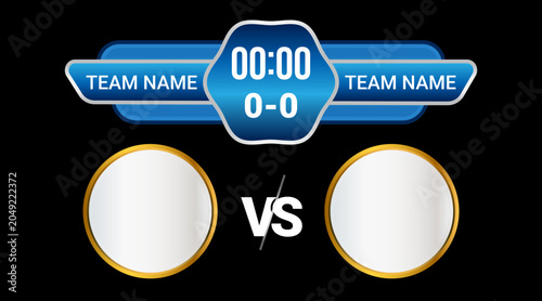 Scoreboard template for sports games with team name placeholders and timer, versus screen background.