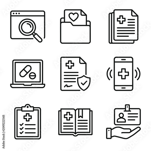 Healthcare and medical record digital services outline icon set with healthcare hospital document