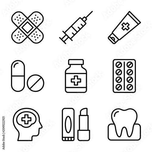 Medical and healthcare treatment icon set outline style with healthcare medicine wellness