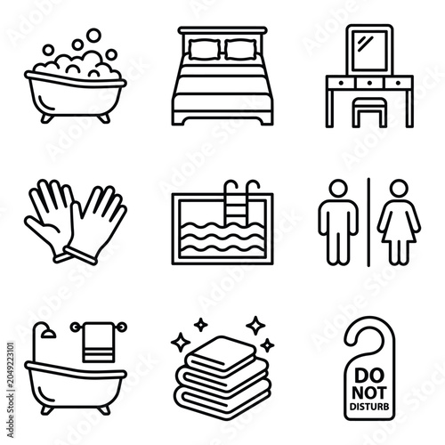 Hotel services and accommodation line icons with do not disturb door hanger accommodation