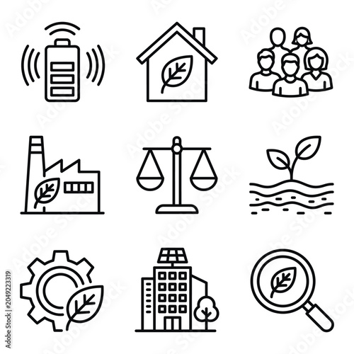 Environmental sustainability and green industry icons with sustainability environment industry