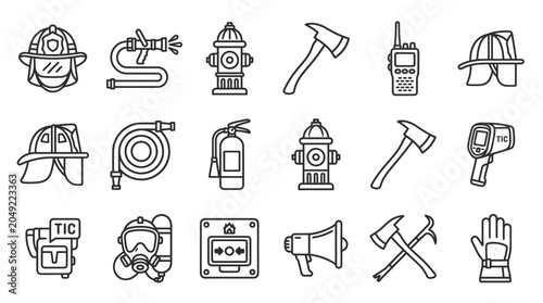 Fotografie Firefighter Equipment Icons Set: Helmet, Hose, Hydrant, Axe, Radio, Extinguisher