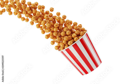 high-speed professional food shot of a glossy red and white striped cinema popcorn bucket bursting with hyper-detailed, high-gloss caramel popcorn flying outward against transparent studio copy space.