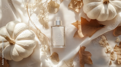 Autumn Skincare Product Mockup with White Pumpkins and Fall Leaves