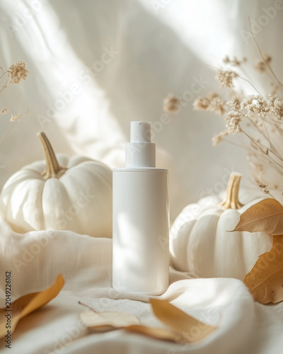 Autumn Skincare Product Mockup with White Pumpkins and Fall Leaves