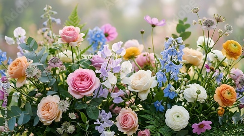 Lush pastel floral bouquet with pink roses and blue delphinium in soft light