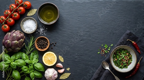 Mediterranean food background with fresh vegetables, herbs and spices