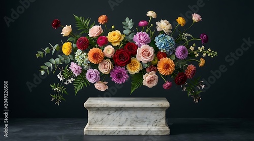 Elegant Floral Arrangement Floating Over Marble Podium on Dark Background