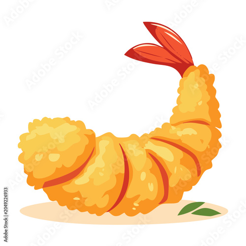 Illustration of a golden tempura shrimp with red tail
