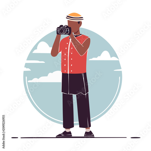 Man holding a camera, flat design illustration