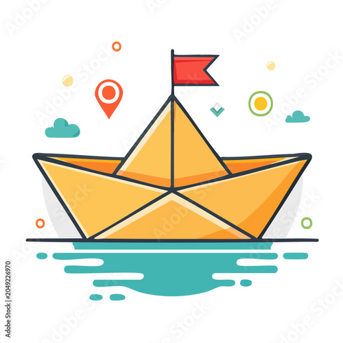 Yellow paper boat with red flag on water, flat design