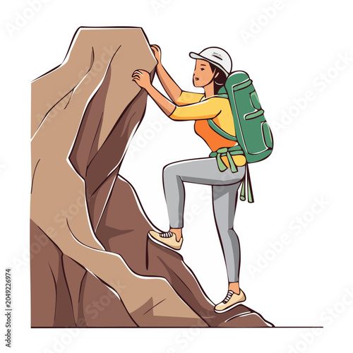Woman climbing a rock face with a backpack