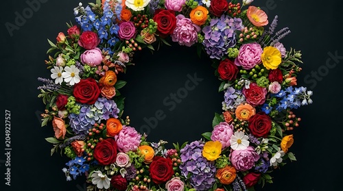 Vibrant floral wreath with mixed colorful flowers on a black background