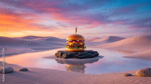 Gourmet Cheeseburger on Rock in Surreal Desert Oasis at Sunset