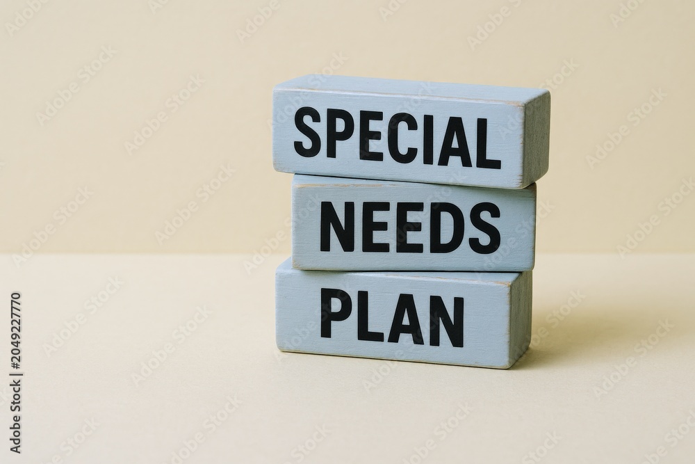 Naklejka premium Stack of light blue wooden blocks spelling out 'SPECIAL NEEDS PLAN' on a neutral background