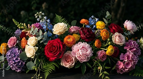 Vibrant multi-colored floral bouquet with roses peonies and hydrangeas on dark background