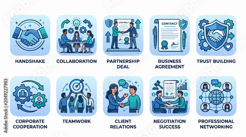 Business partnership and collaboration icons set, 10 corporate teamwork and professional networking illustrations, blue flat vector graphics