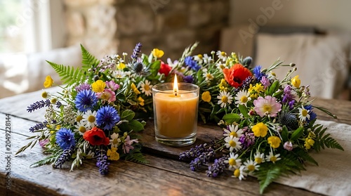 Wildflower Wreath and Lit Candle on a Rustic Wooden Table