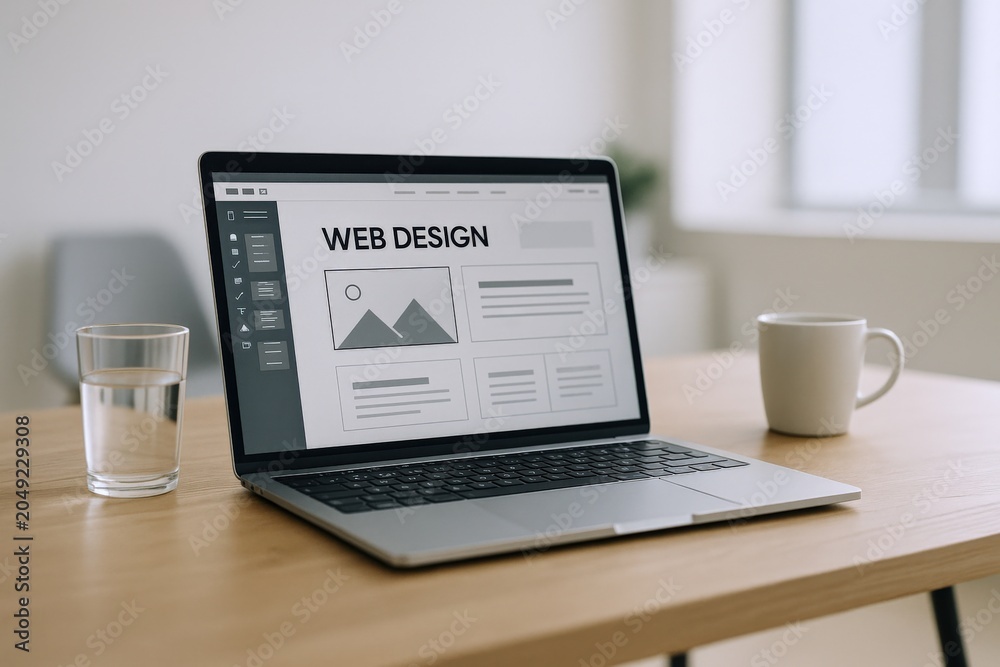 Fototapeta premium Modern Laptop Displaying Web Design Mockup on a Wooden Desk with a Glass of Water and Coffee Mug