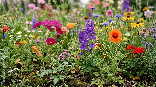 Vibrant Wildflower Garden with Colorful Summer Blooms in Sunlight