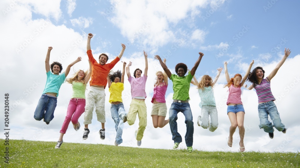Obraz premium Diverse group of joyful young adults jumping for success and happiness in a sunny outdoor field