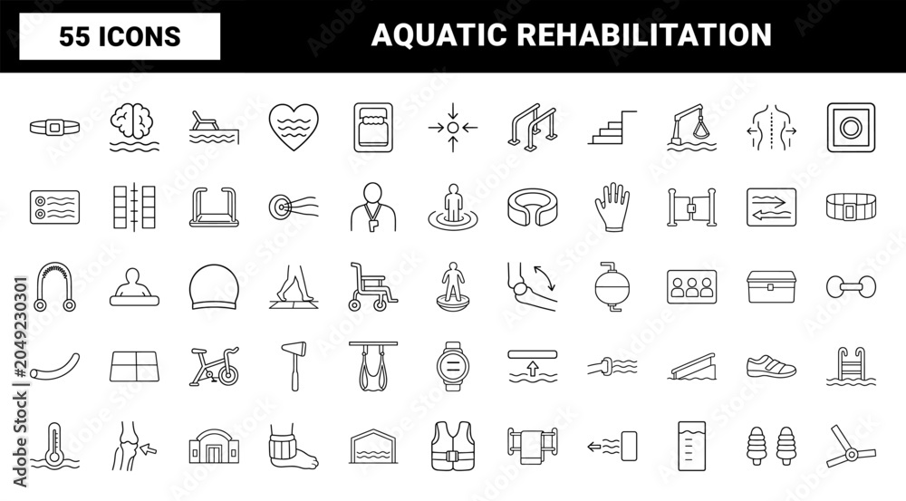 Fototapeta premium Aquatic therapy line icon set. Vector pictograms of hydrotherapy, water rehabilitation, pool fitness, and physical recovery elements, thin linear illustration.