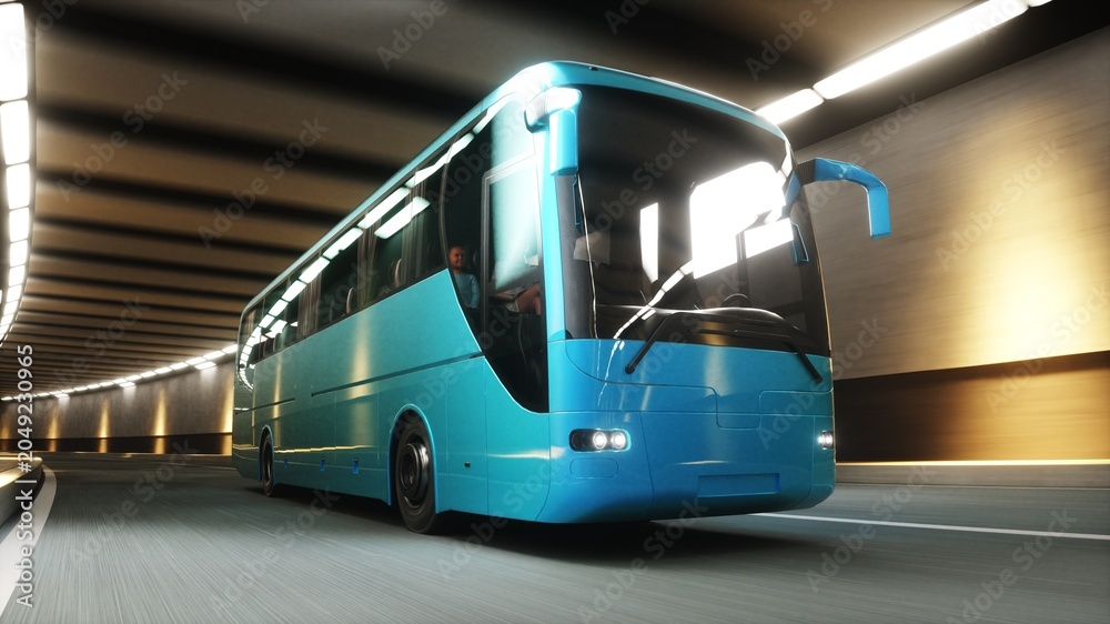 Fototapeta premium 3d model Blue Tourist Coach Bus Driving Through Modern Tunnel. 3d rendering.
