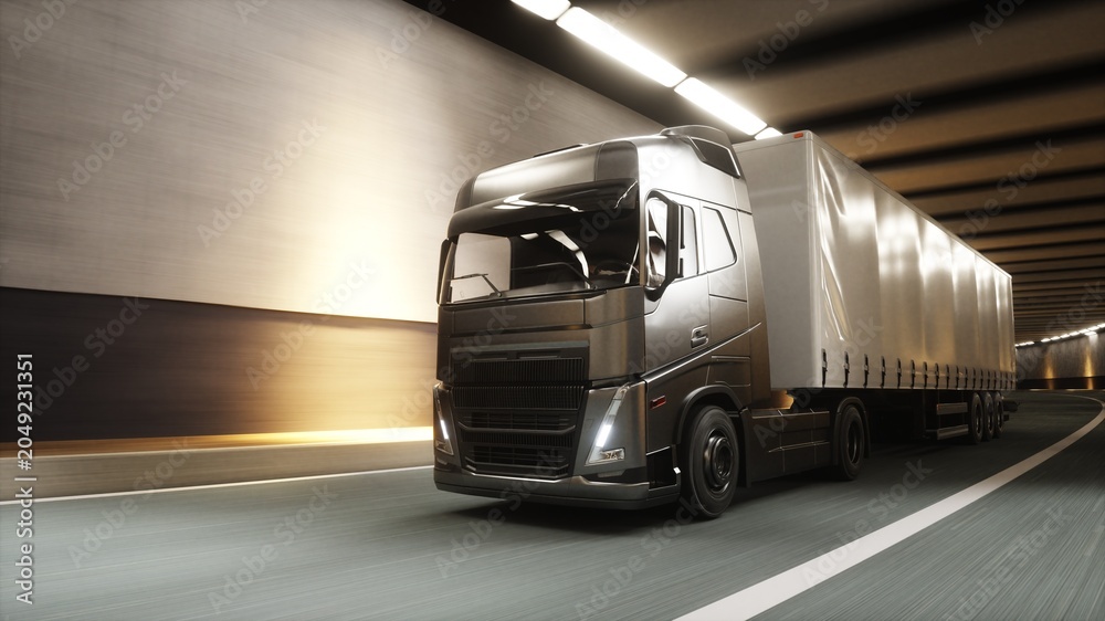 Fototapeta premium 3d model Heavy Cargo Truck Driving Through Modern Highway Tunnel. 3d rendering.