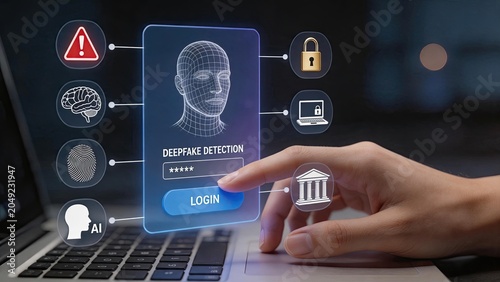 Deepfake detection login screen on laptop with wireframe face, security icons and biometric symbols, illustrating cybersecurity and identity verification.