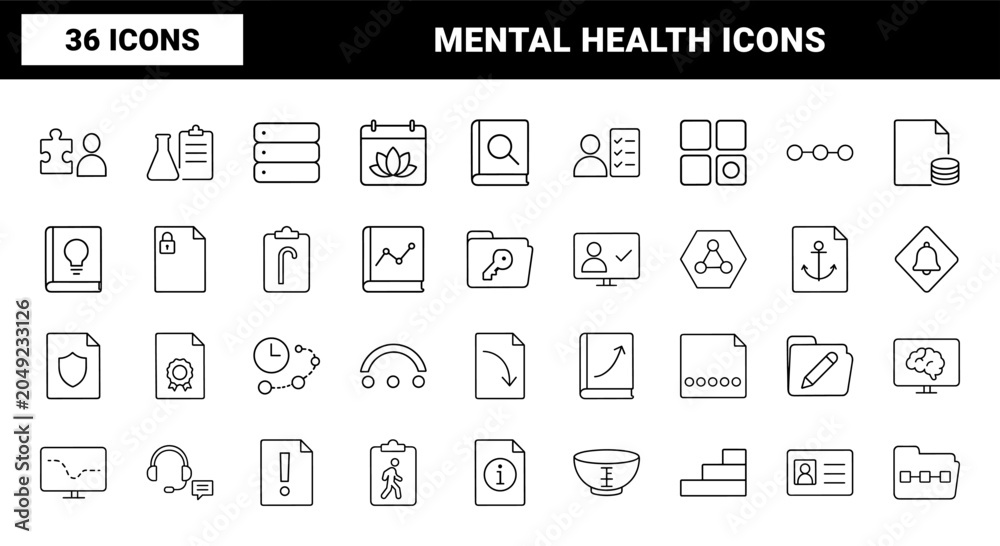 Fototapeta premium Behavioral Health Assessment line icon set. Vector pictograms of mental, clinical, psychological, and diagnostic elements, thin linear illustration.