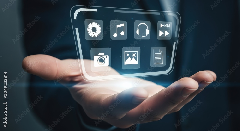 Obraz premium Hand holding futuristic holographic interface displaying digital media and technology icons