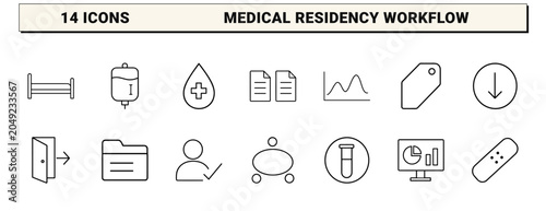 Resident training schedule line icon set. Vector pictograms of medical education, clinical rotation, hospital workflow, and physician residency elements, thin linear illustration.