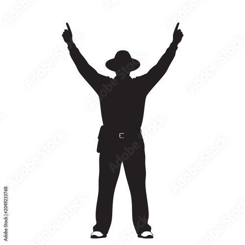 person with arms raised wearing a hat and belt
