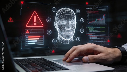 Futuristic facial recognition biometric security system interface, wireframe head scan with warning alert, cyber security technology, identity verification and authentication