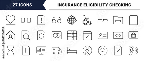 Healthcare benefits verification line icon set. Vector pictograms of insurance eligibility, coverage validation, medical billing, and prior authorization elements, thin linear illustration.