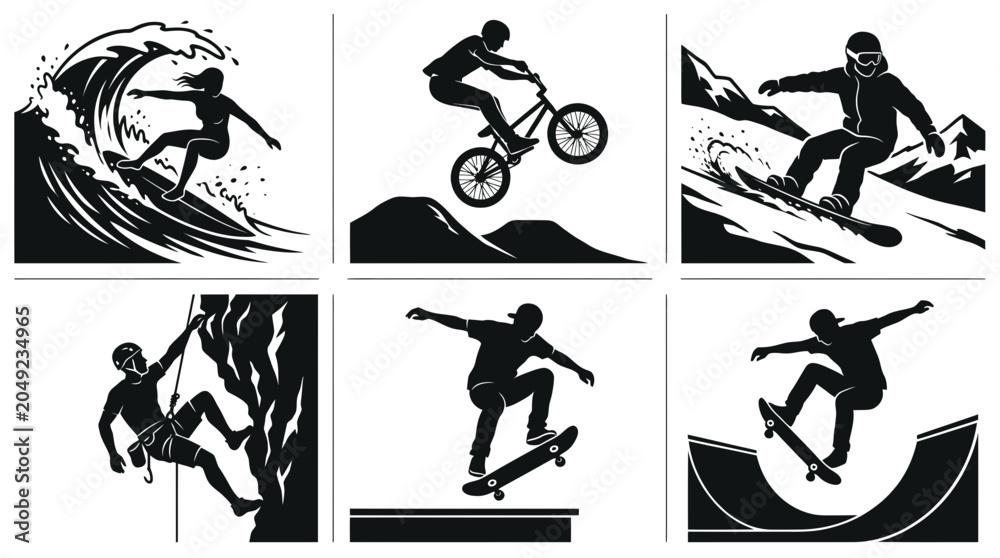 Naklejka premium Extreme Sports Silhouettes: Surfing, BMX, Snowboarding, Climbing, Skateboarding
