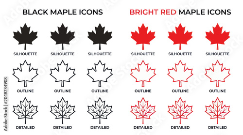 Foto Black and Red Maple Leaf Icons: Silhouette, Outline, Detailed